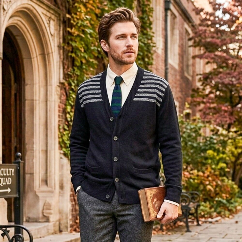 American Rag Men's Knit Cardigan Sweater Black Gray Stripe Pockets Size M